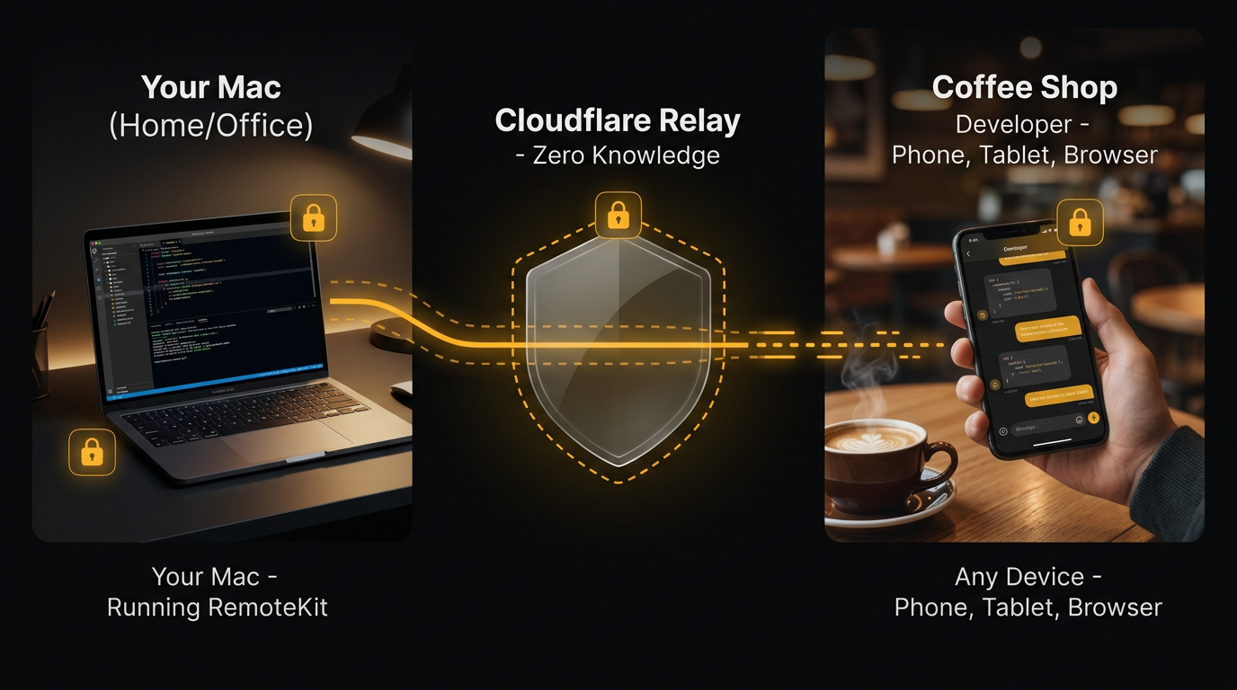 Infographic: Mac at home running RemoteKit connects through a zero-knowledge Cloudflare Relay to a phone in a coffee shop